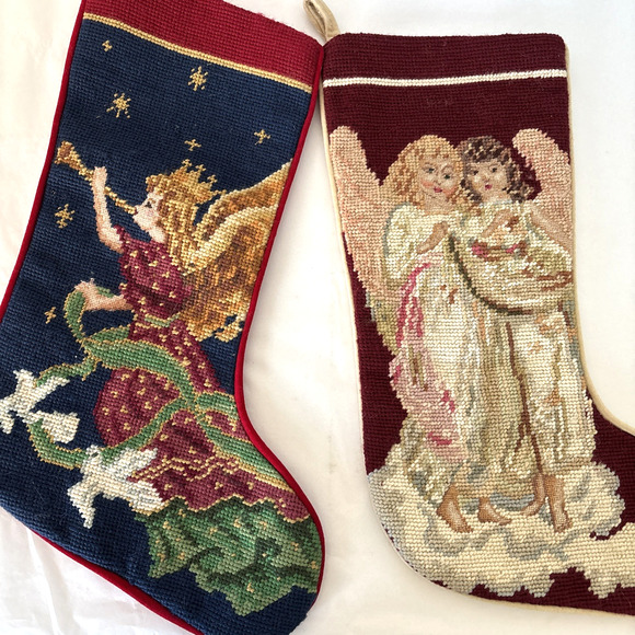 2 Imperial Elegance Vintage Needlepoint Christmas Stockings Angels Velvet - Picture 1 of 12